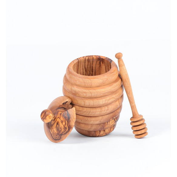 Pot et louche de miel en bois