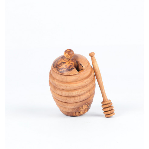Pot et louche de miel en bois