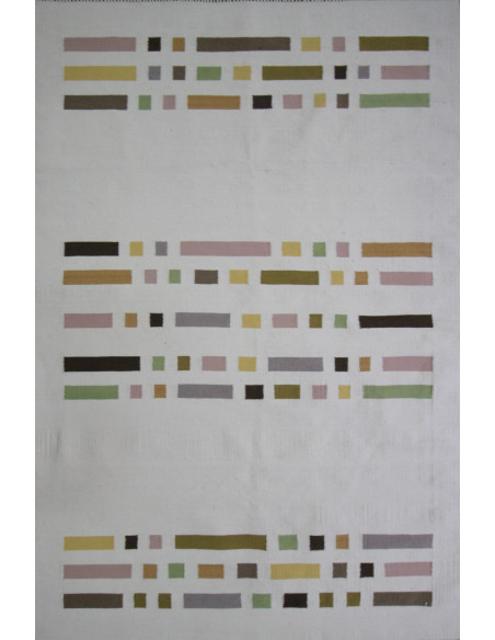 Kilim style carpet with fringes white background geometric pattern