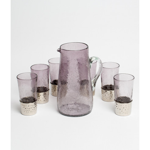 Blown glass water service with hammered copper...