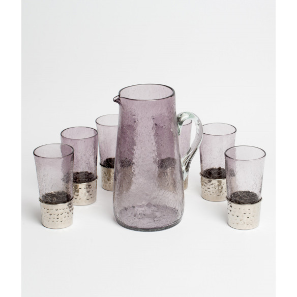 Service à eau en verre soufflé avec socles en cuivre martelé