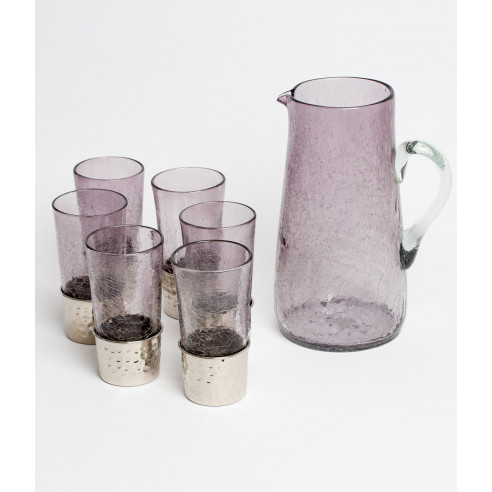 Blown glass water service with hammered copper...