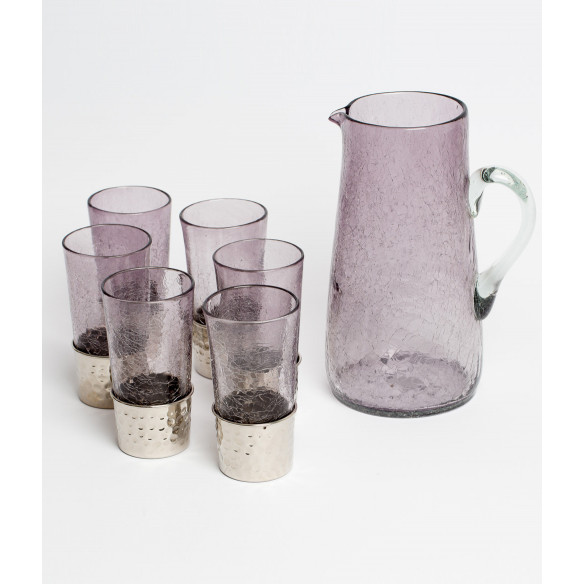 Blown glass water service with hammered copper plinths