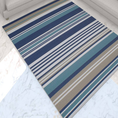 Tapis kilim rayé mélange de  bleu tricolore