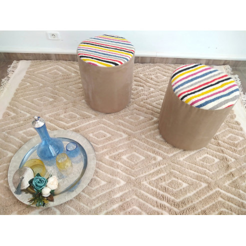 Beige stool pouf with striped kilim