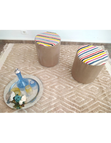 Beige stool pouf with striped kilim
