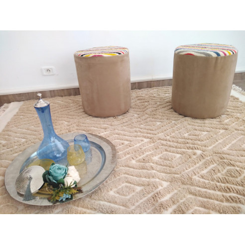 Beige stool pouf with striped kilim