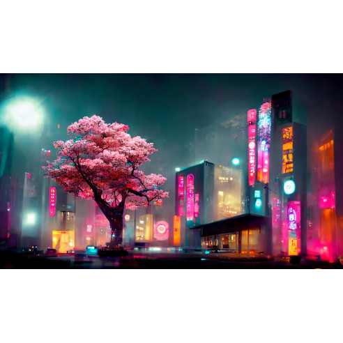 Fantastic View of Japanese City at Night, Neon Pink Light