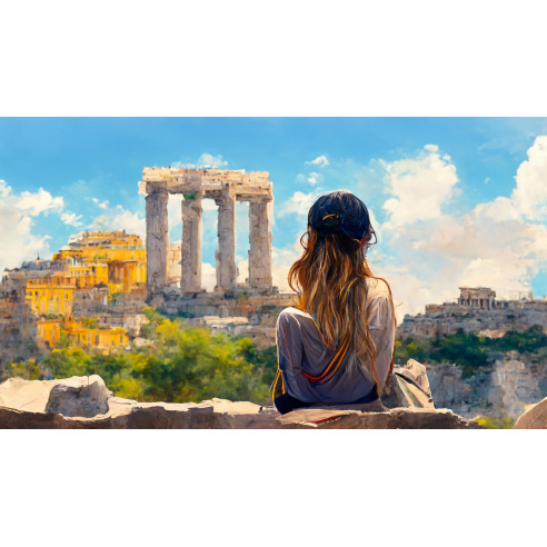 Travel girl painting on vacation in Greece