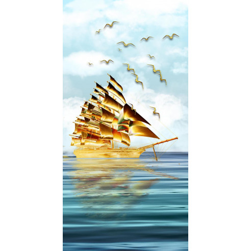 Golden Sailboat and Seagull. Wall Art Painting