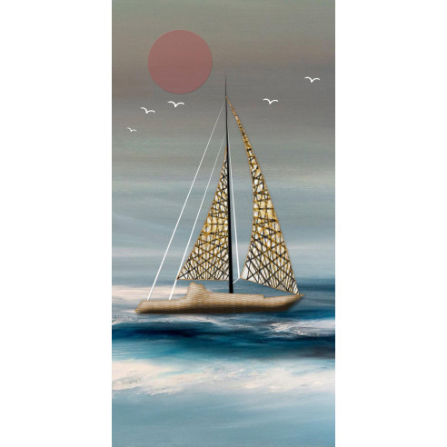 Abstract sailboat painting on blue sea