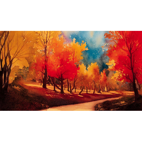 Painting Colorful autumn forest with red and yellow trees