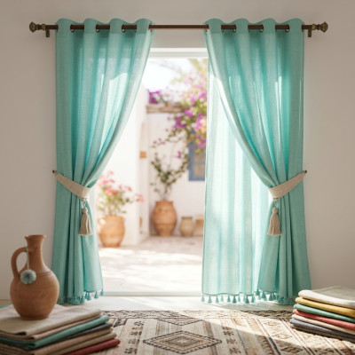 Green Hayek Curtain with Pompom