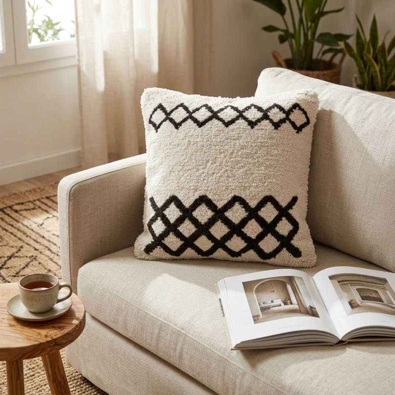 White Berber Cushion with Black Pattern