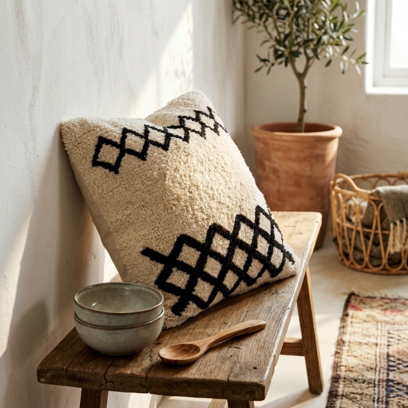 Coussin Berbère Artisanal - Blanc & Motifs Noirs