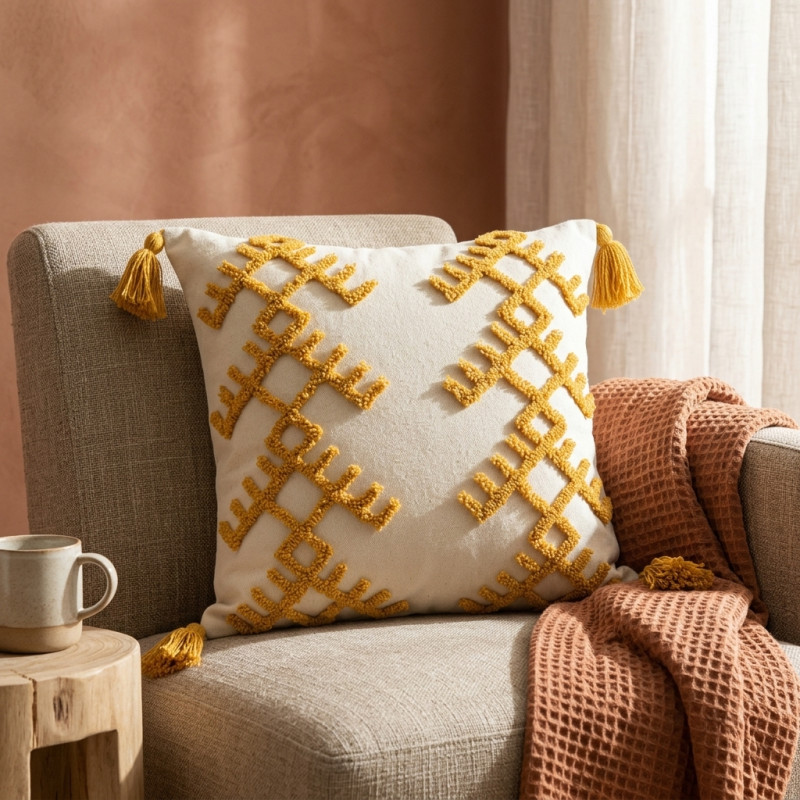 Artisan Embroidered Mustard Cushion - 40x40cm